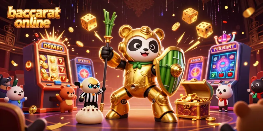 Experience baccarat online excitement in a colorful 3D casino scene filled with animated characters and vibrant game elements.