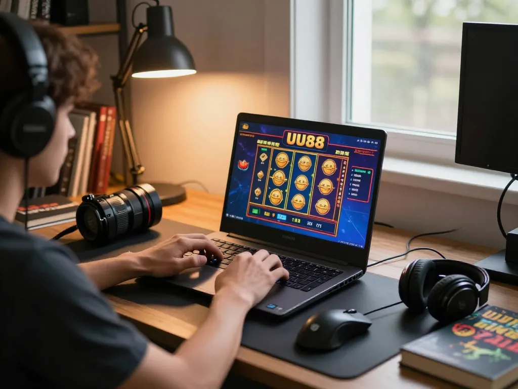Player engaged with UU88 casino gaming on a laptop, showcasing a vibrant slot interface in a cozy setting.