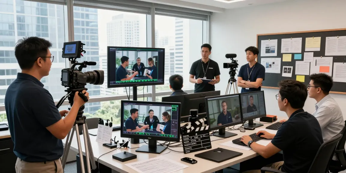 Dynamic corporate videography services in Singapore capturing a professional video shoot with a diverse team and high-end equipment.