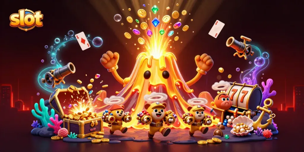 Game slot menarik dengan karakter gunung emas meletus, dikelilingi harta karun dan efek bawah laut.