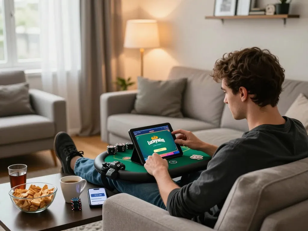 Người chơi tận hưởng một trò chơi poker trên ứng dụng Luckywin trong khi ngồi thoải mái trên ghế sofa