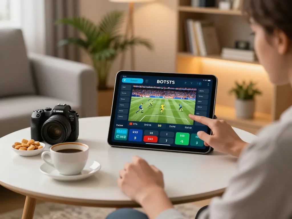 Engaged player placing a bet on jeetbuzz app in a modern home setting with warm lighting.