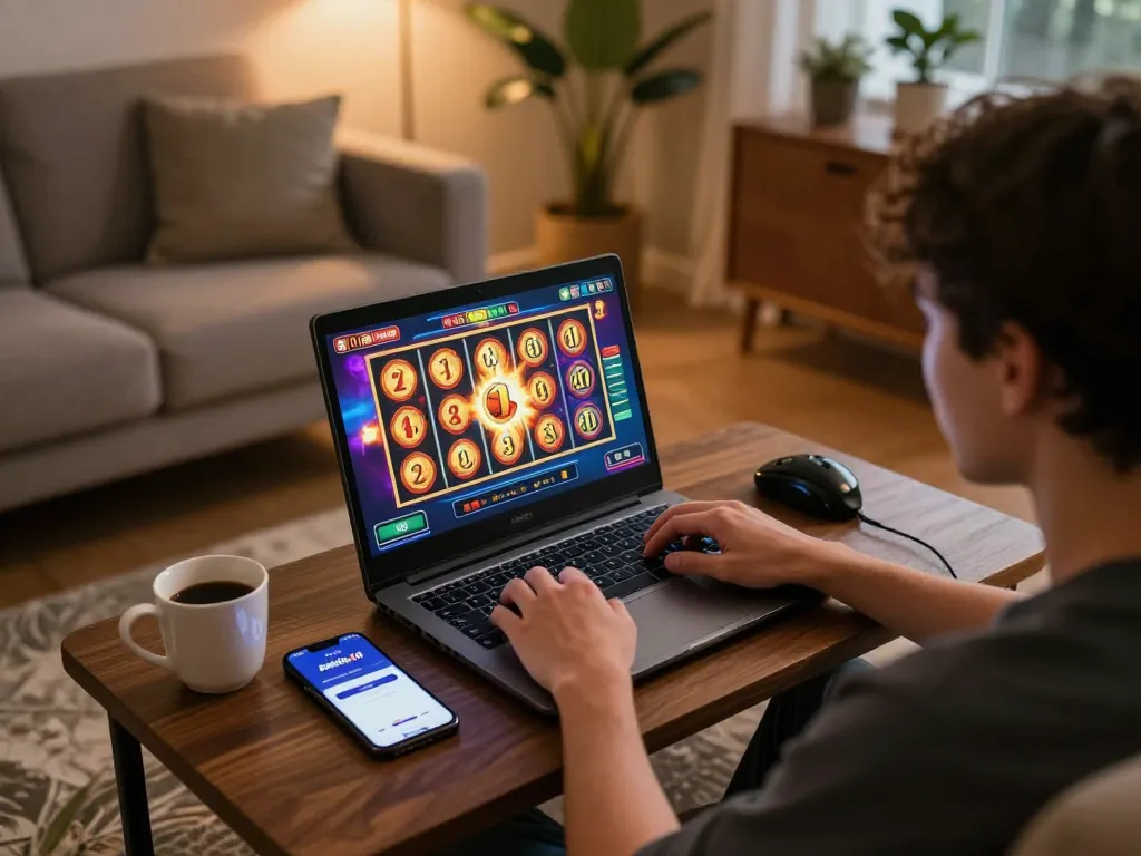 Pemain yang terlibat menggunakan laptop untuk login aneka4d sambil menikmati permainan slot di rumah