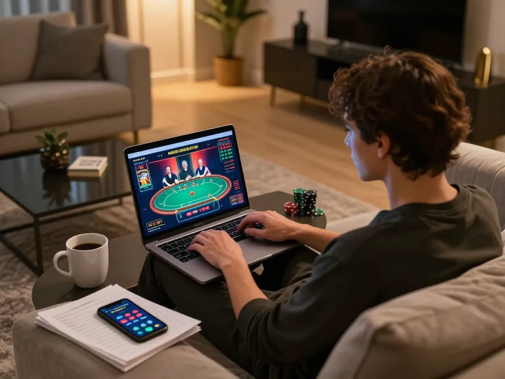 Player engaging in online casino gaming with KJC's platform on laptop, cozy and inviting atmosphere