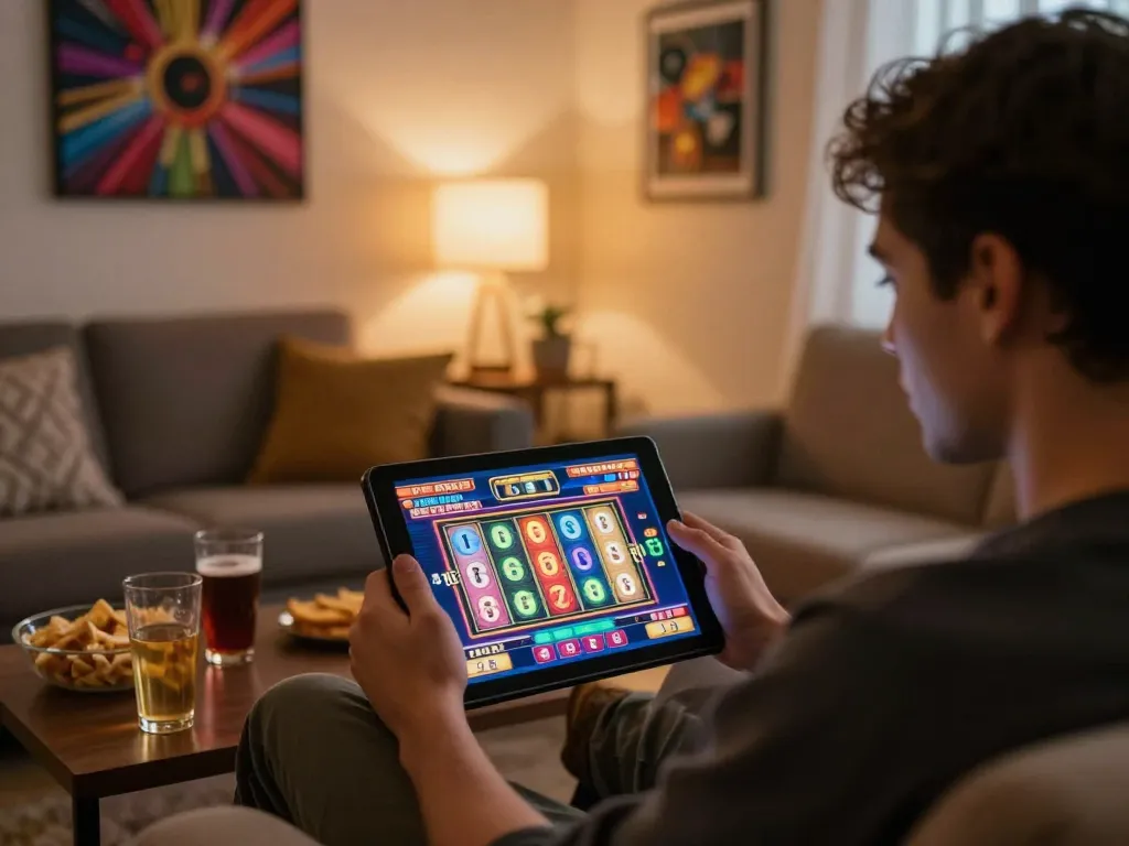 Engaged player spinning the reels on slot online games in a cozy living room setting.