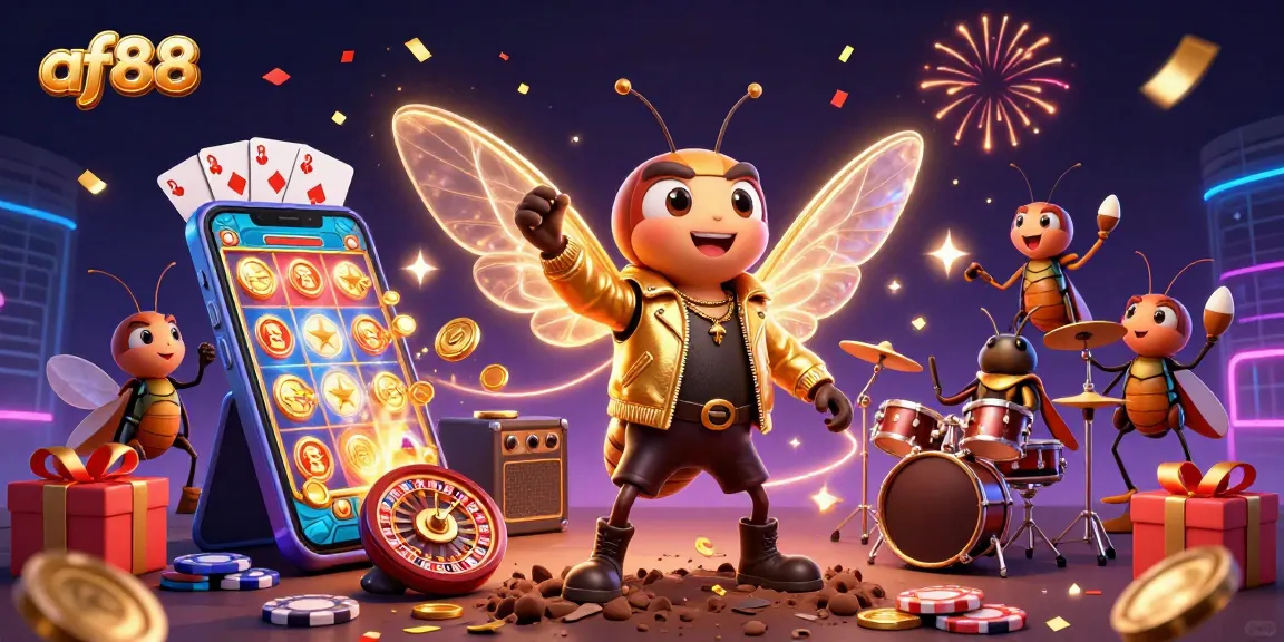 Experience thrilling gaming at af88 with a vibrant cartoon scene showcasing a rock star cicada and casino elements.