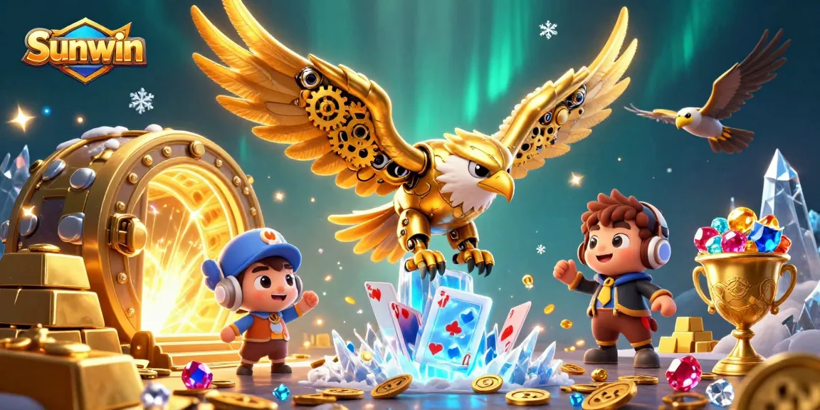 Win with Sunwin as a golden eagle dives through holographic cards near treasure and gems.