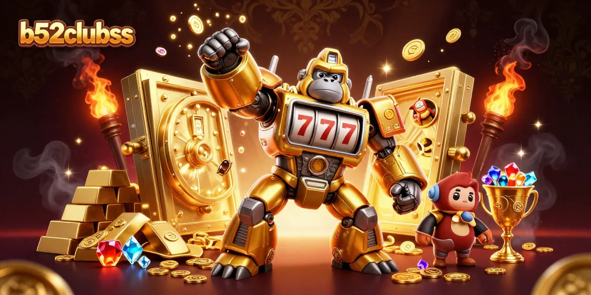 B52clubss showcases a dynamic scene of a golden gorilla mech in a casino-themed illustration, emphasizing winning chances.