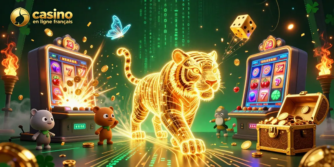 Jouez dans un casino en ligne français avec un tigre doré et un dé qui tombent dans un paysage numérique.