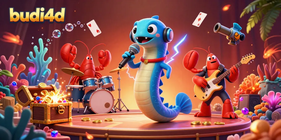 Budi4d showcases an energetic underwater casino scene featuring a DJ electric eel, lobster drummer, and seahorse guitarist surrounded by treasure and game elements.