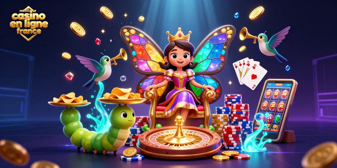 Illustration de "meilleur casino en ligne france" avec la reine des papillons et des éléments de jeu captivants.