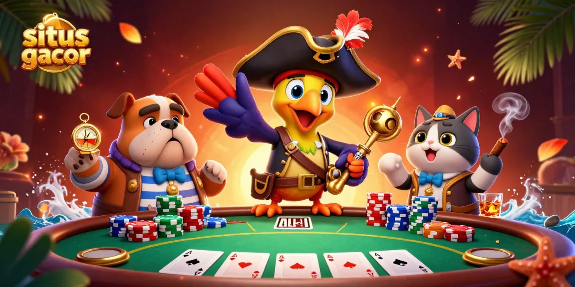 Gambarkan suasana situs gacor dengan karakter kasino dan meja poker yang penuh aksi