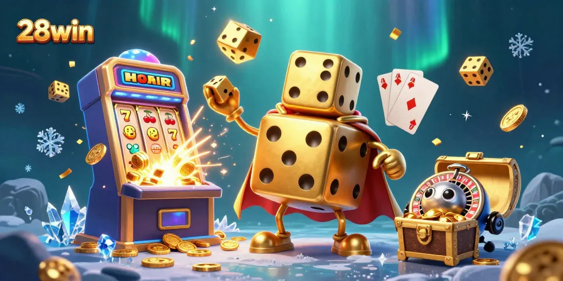 Experience thrilling gaming at 28win with a vibrant slot machine, glowing dice, and colorful casino elements.