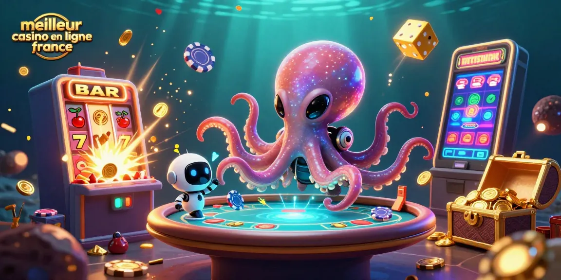 Illustration 3D d'un octopus extraterrestre avec une table de poker flottante, représentant le meilleur casino en ligne France