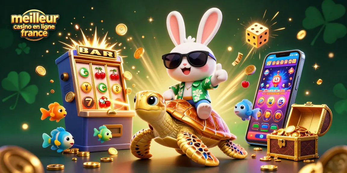 Illustration colorée montrant le meilleur casino en ligne France avec un lapin chanceux et une tortue dorée.