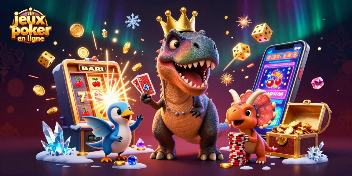 Jeux de poker en ligne : un T-Rex amusant joue aux cartes pendant qu'un ptérodactyle aide, illustrant l'univers ludique des casinos.