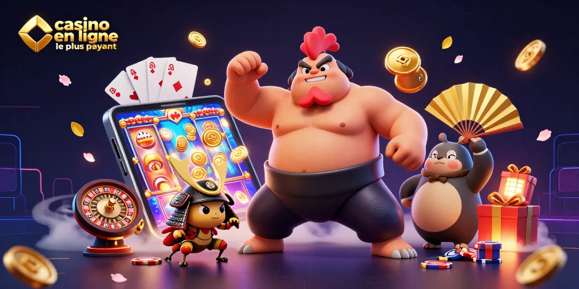 Illustration dynamique d’un casino en ligne le plus payant avec un coq sumo, un criquet samouraï et un tanuki annonçant des gains.