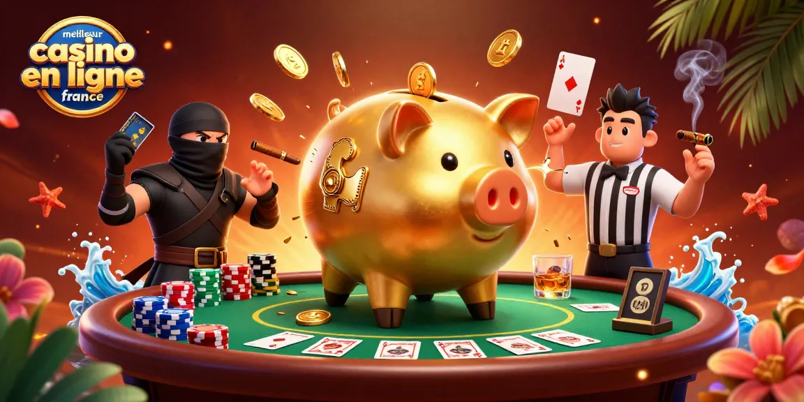 Illustration dynamique "meilleur casino en ligne France", avec un sumo en forme de tirelire dorée et un ninja, incarnant l'esprit du jeu d'argent.