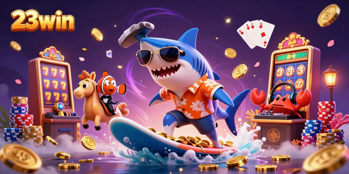 Surf thrilling casino games at 23win with a shark surfer, seahorse, and DJ crab in a vibrant ocean scene.