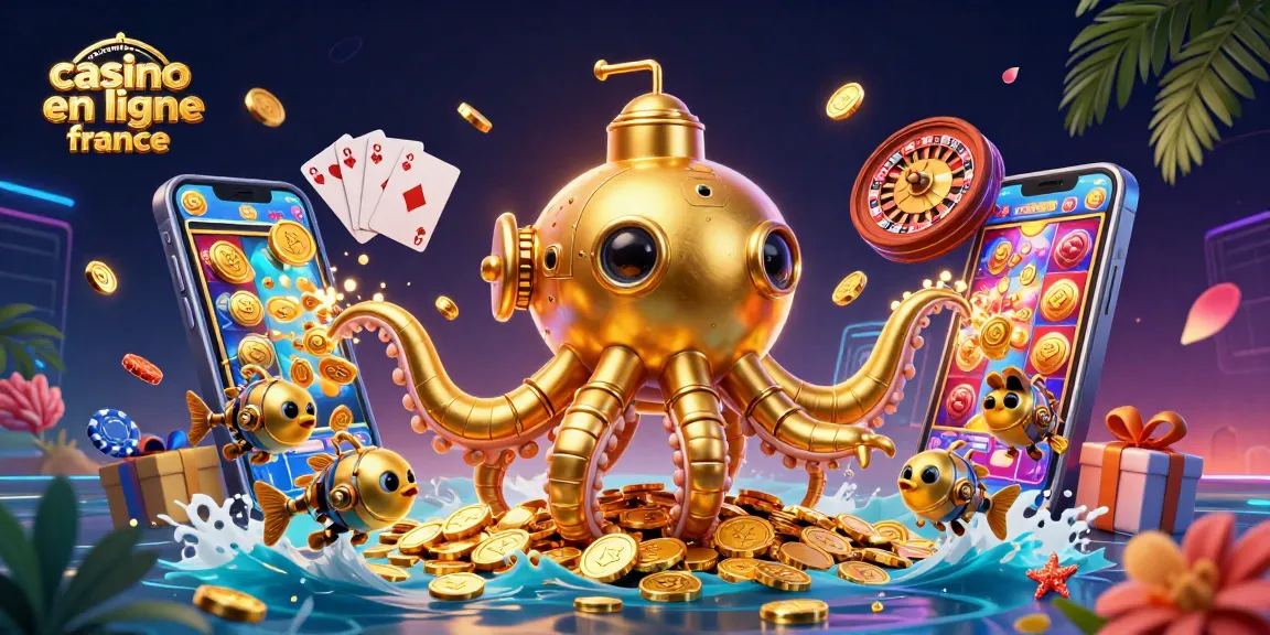 Illustration vibrante du meilleur casino en ligne en France, représentée par un kraken et des jeux d'argent