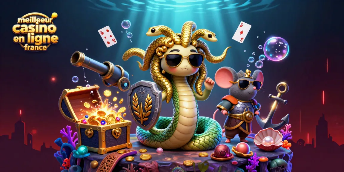 Plongez dans l'univers du meilleur casino en ligne France avec Medusa et un brave guerrier, entourés d'éléments de jeu éblouissants.