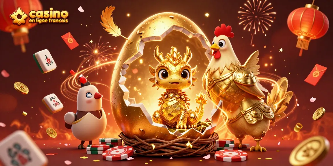 Découvrez un dragon doré émerveillé au centre du casino en ligne français, entouré de jetons et de feux d'artifice.
