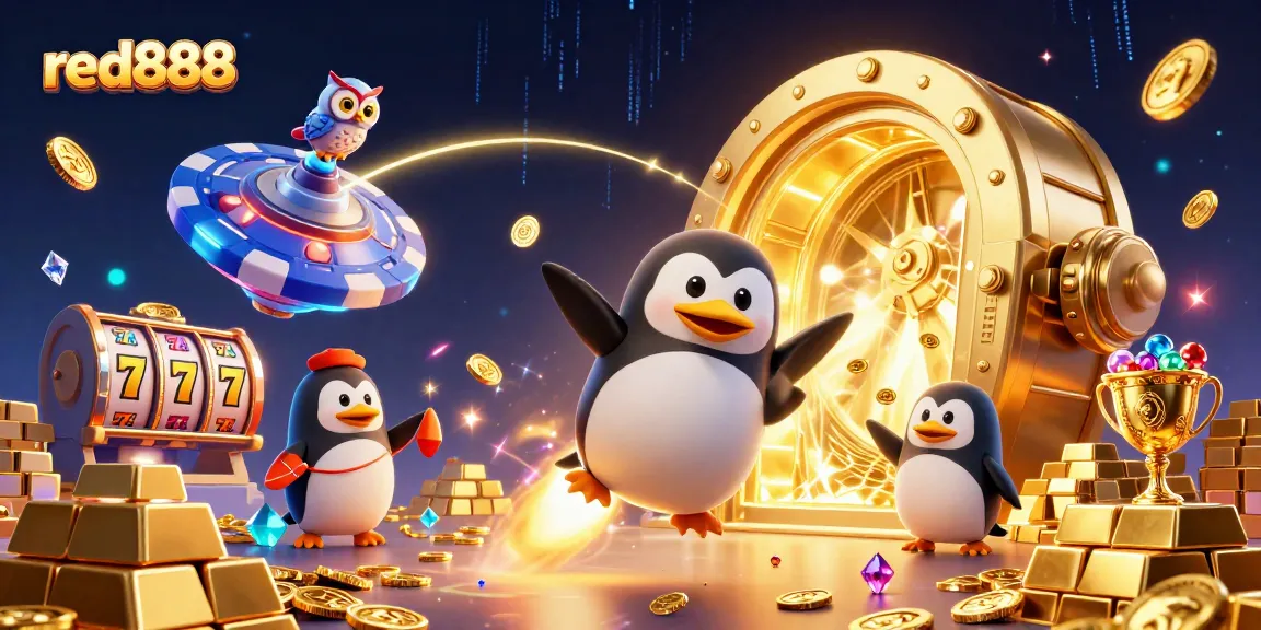 Experience dynamic gameplay at red888 with a golden penguin flying to a vibrant casino space station.