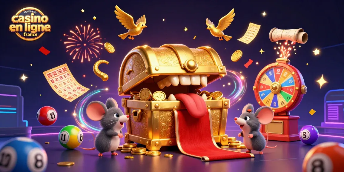 Illustration 3D représentant le meilleur casino en ligne France avec un coffre au trésor attirant des souris aventurières.