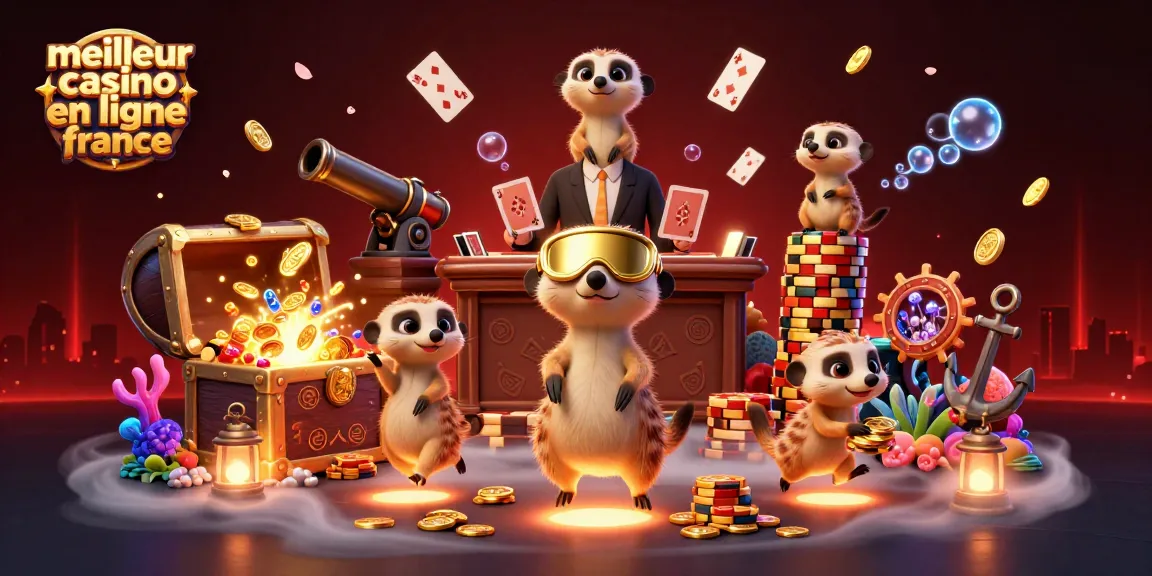 Illustration dynamique des suricates au meilleur casino en ligne en France, avec des éléments de jeu éparpillés.