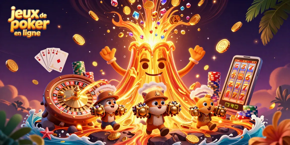 Découvrez les jeux de poker en ligne à travers une illustration dynamique avec un volcan d'or et des trésors scintillants.