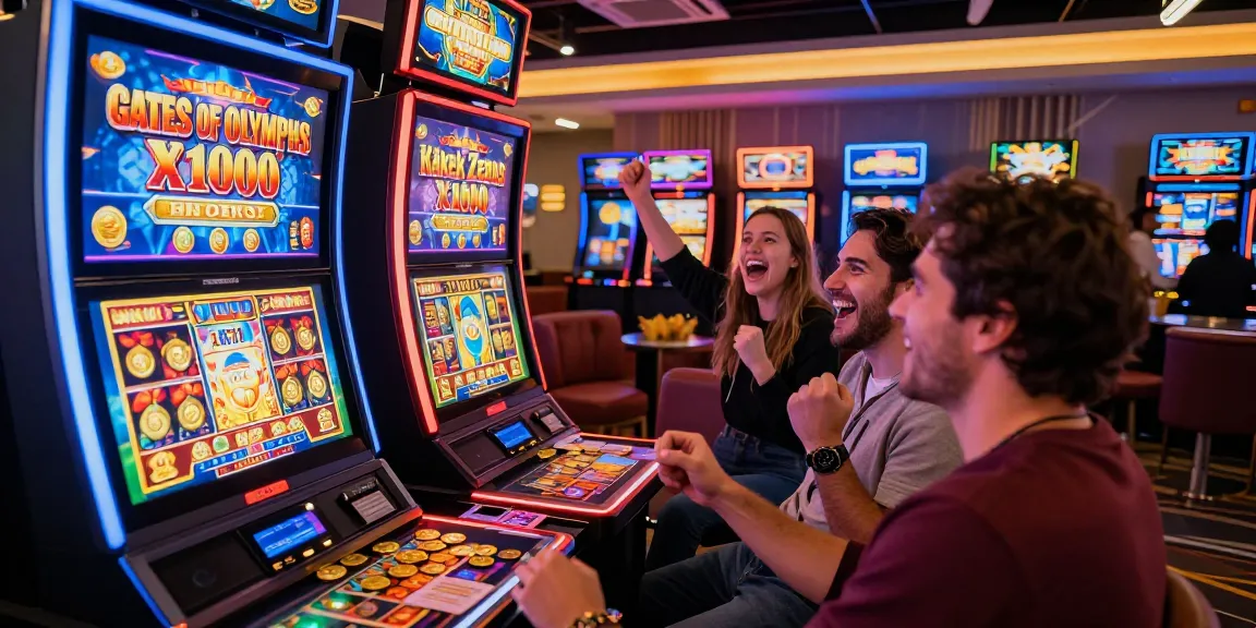 Kakek Zeus yang seru dengan pemain gembira di mesin slot, suasana kasino yang meriah.