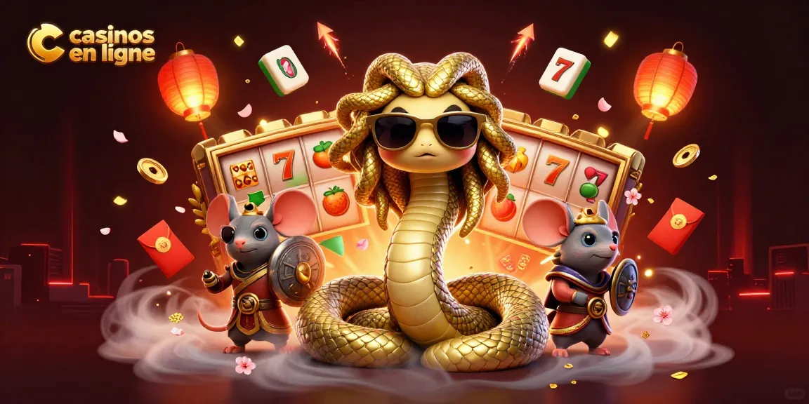 Les casinos en ligne invitent à la chance avec des illustrations captivantes d'une Medusa amicale et un guerrier souris, entourés de machines à sous festives.