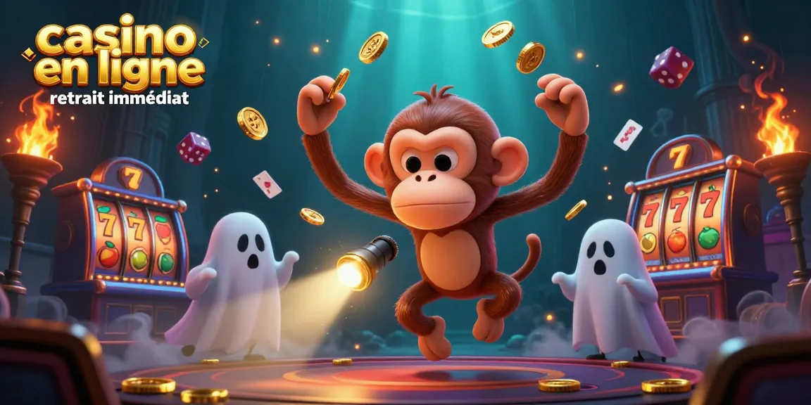 Illustration dynamique de casino en ligne retrait immédiat avec un singe poltergeist jouant à un jackpot.