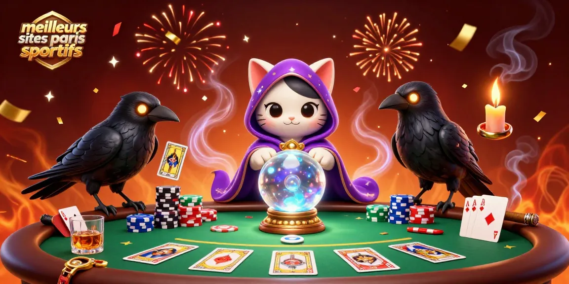 Jouez sur les meilleurs sites de paris sportifs avec un chat mystique et un corbeau dealer de tarot animés dans un casino vibrant.