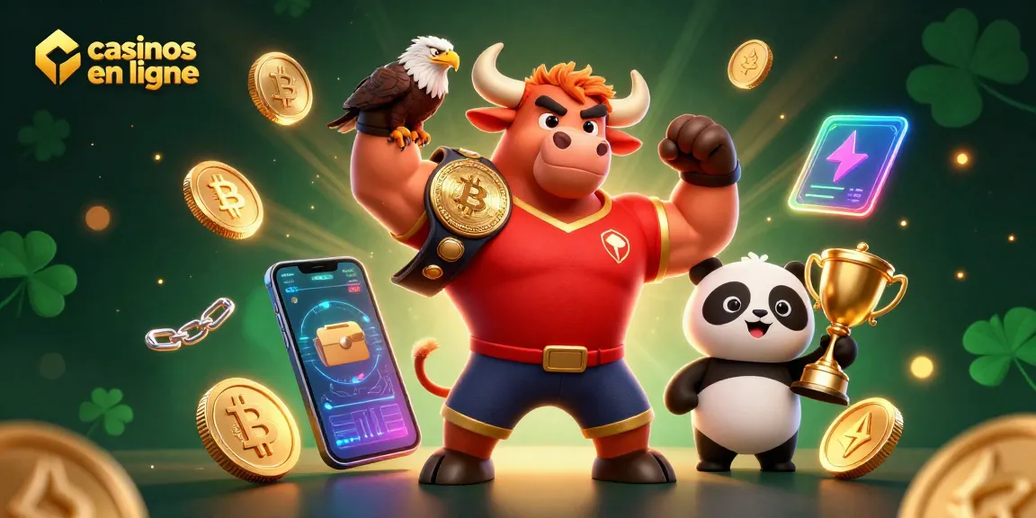 Des mascottes de casino en ligne présentant des récompenses au milieu de symboles de crypto-monnaie.
