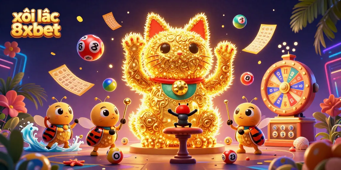 xôi lạc 8xbet features an exciting 3D illustration of a lucky cat, casino symbols, and vibrant lottery elements.