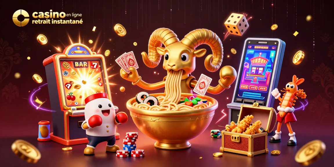 Casino en ligne retrait instantané : Pluie de gains avec un ramen géant au centre d'une scène vibrante.