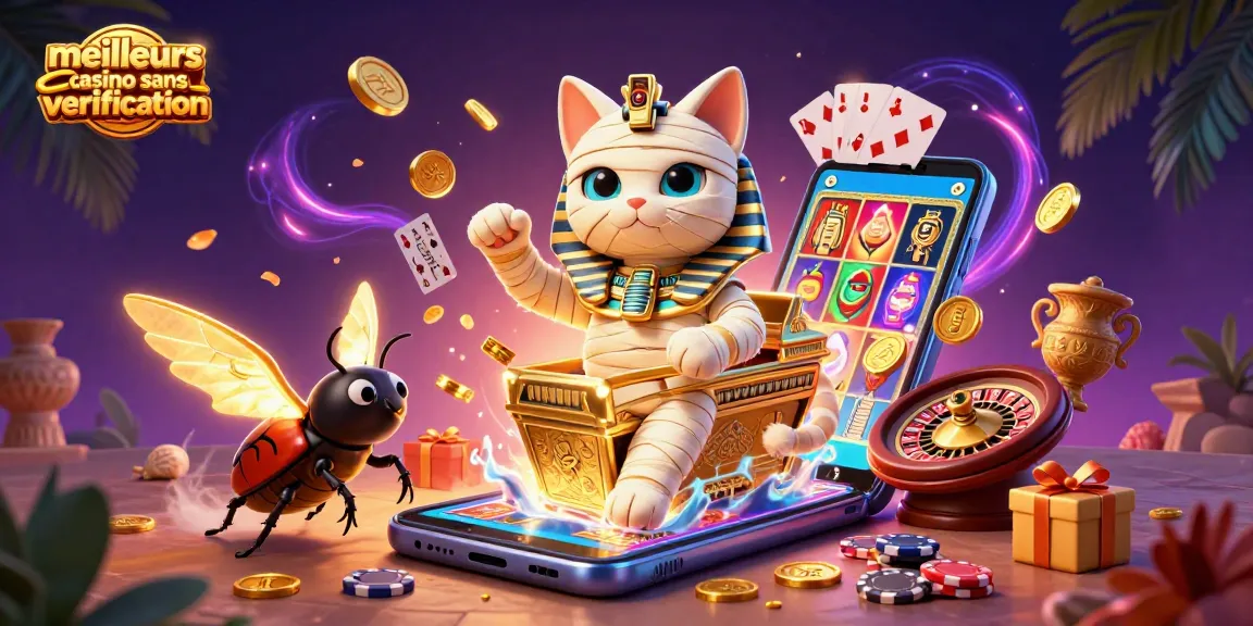 Visualisez les meilleurs casino sans verification avec un chat momie égyptien vibrant dans un casino.