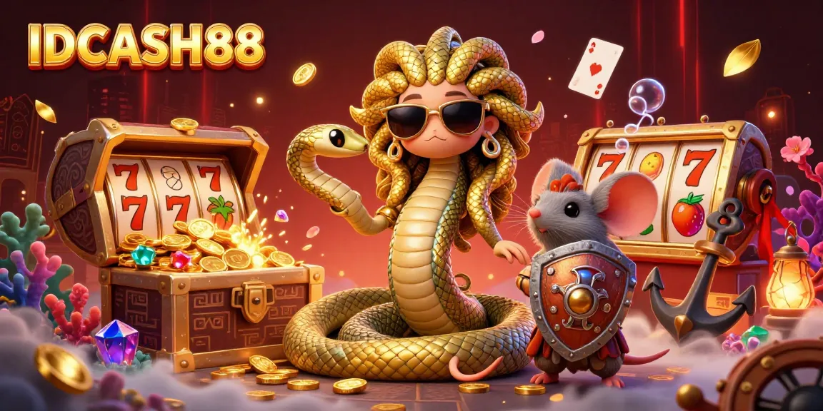 Engage with IDCASH88 through vibrant slot reels and friendly mythological characters in a lively casino scene.