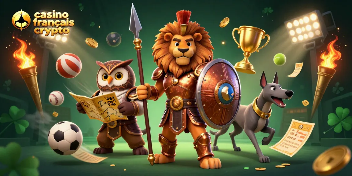 Le lion spartiate en armure au casino français crypto, avec des éléments de paris et des sports en arrière-plan.