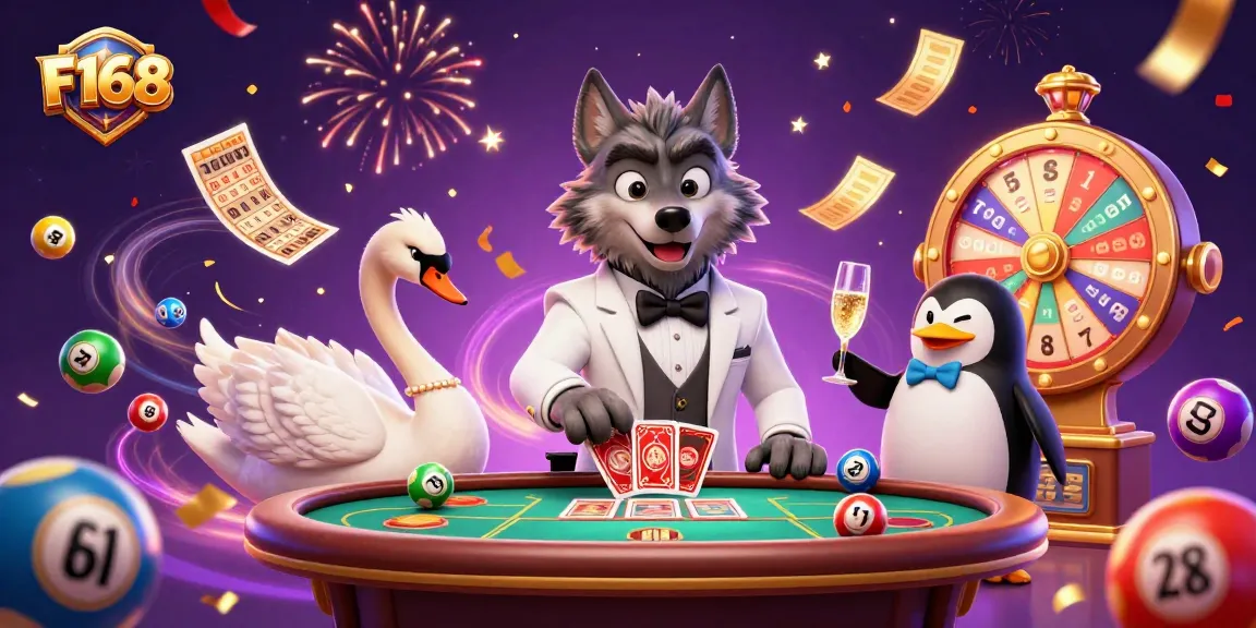 Experience the excitement of F168 with a vibrant casino illustration featuring a debonair wolf and elegant swan.