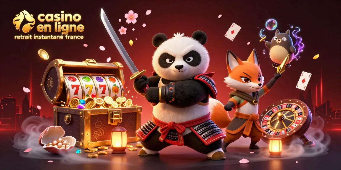 Illustration dynamique d'un casino en ligne retrait instantané France avec un panda samouraï et un renard ninja.