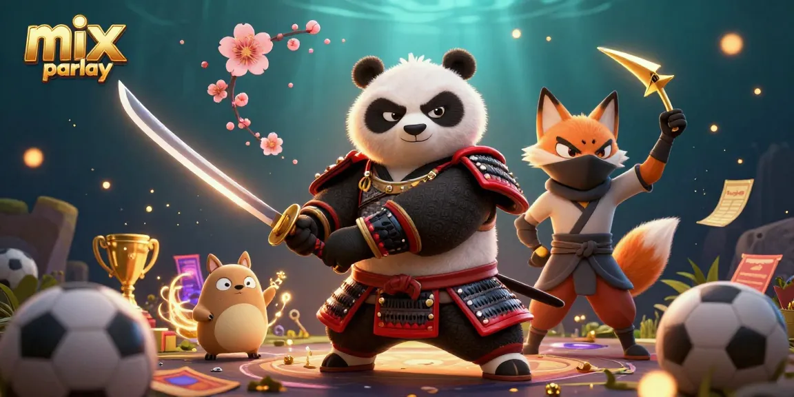 Bettors engage with mix parlay options while enjoying a vibrant, dramatic scene featuring samurai panda and ninja fox.