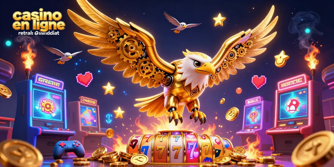 Faites des gains dans un casino en ligne retrait immédiat avec un aigle en or et des machines à sous colorées.
