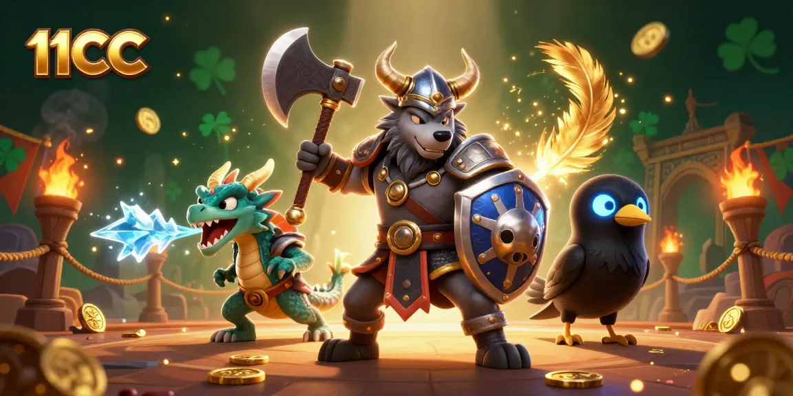 Experience the thrilling world of 11CC with a Viking warrior, fierce dragon, and vivid casino elements.