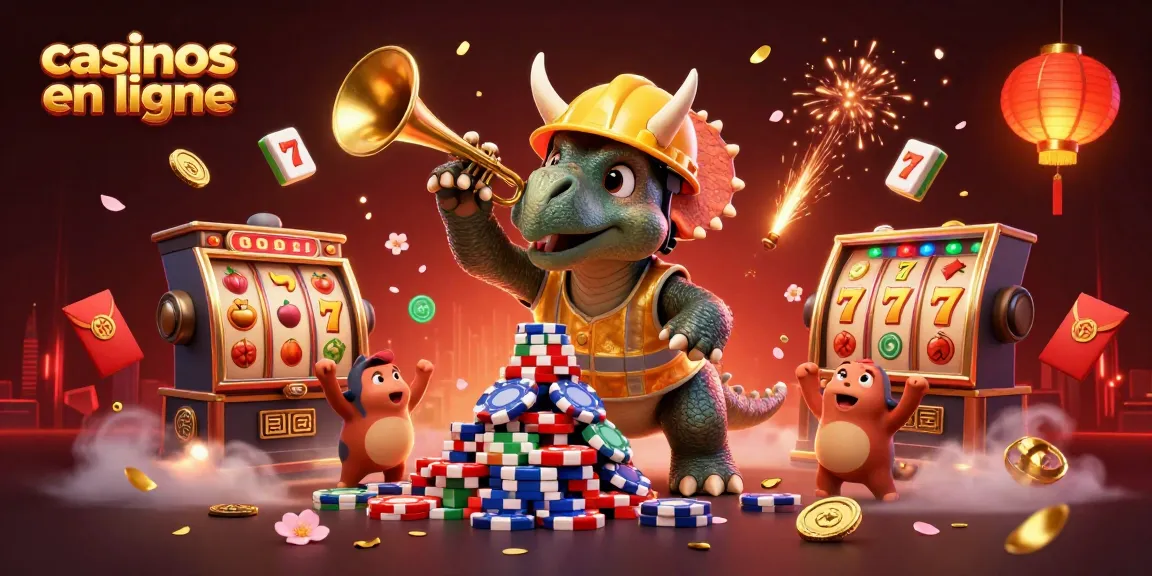 Célébrez le monde des casinos en ligne avec une illustration dynamique de triceratops et parasaurolophus au casino, remplie d'éléments festifs.