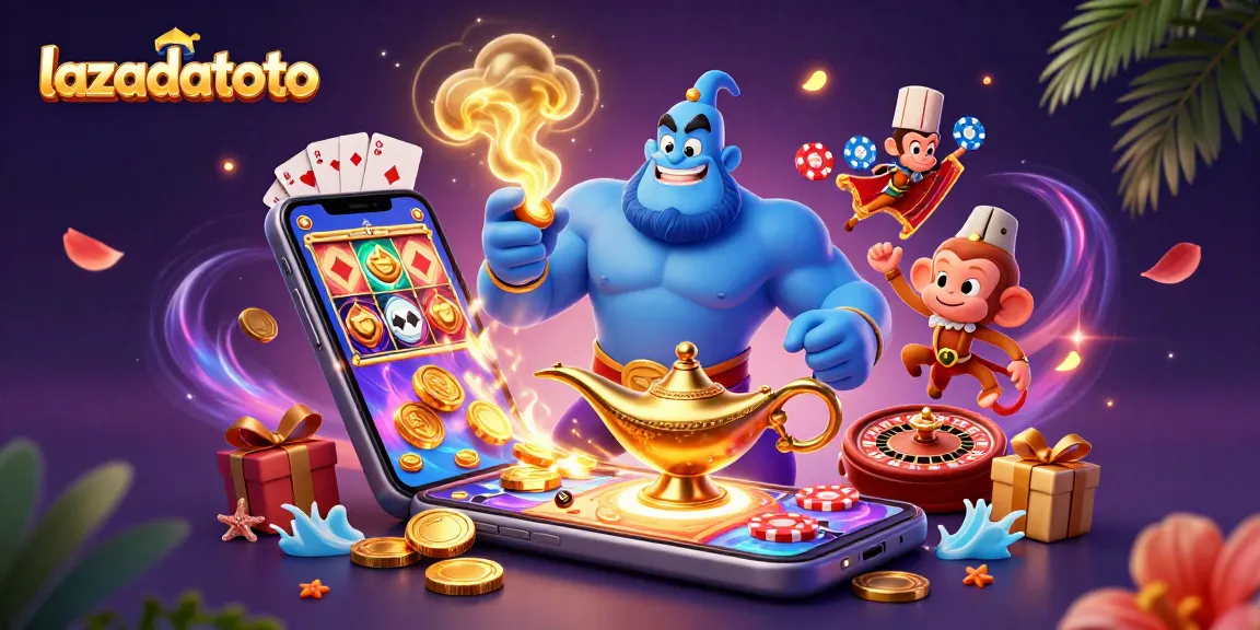 Lazadatoto menghadirkan permainan slot menarik dengan genie dan kartu poker yang penuh warna.