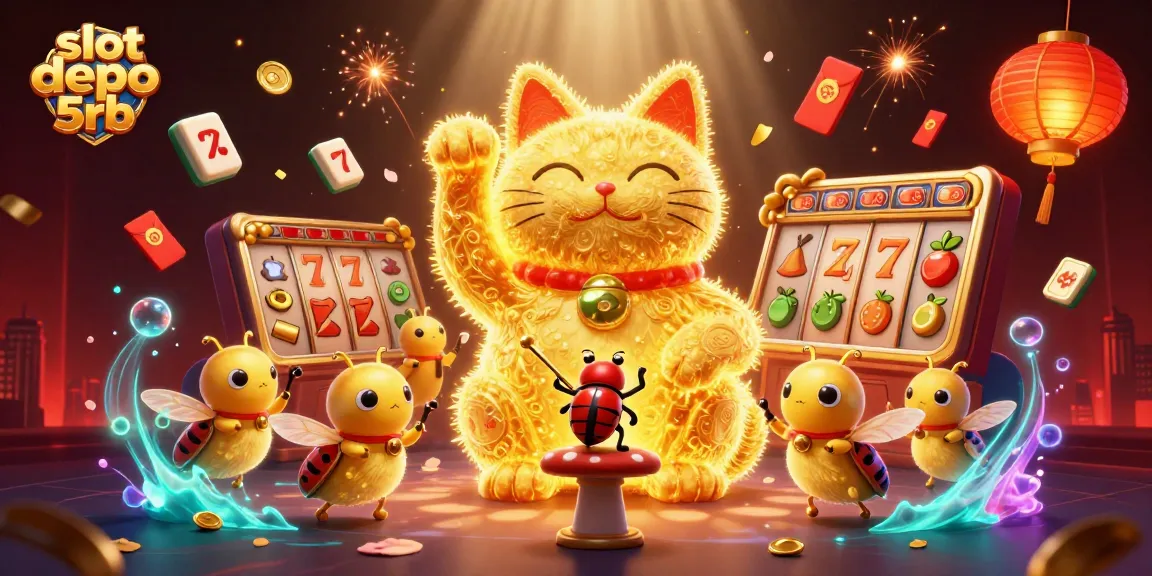 Engage with thrilling slot depo 5rb gameplay featuring dynamic casino elements and a vibrant lucky cat.