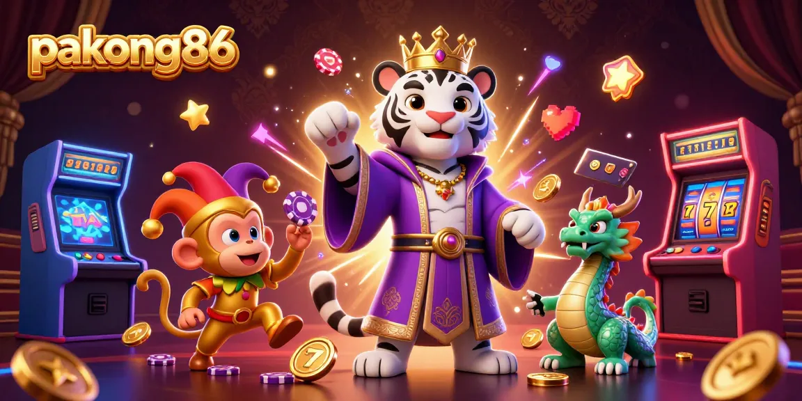 Experience the excitement of pakong86 with vibrant casino animations featuring a royal tiger and juggling monkey.